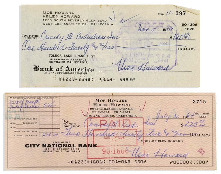 Moe Howard Lot of Two Checks Signed, Both Made Out to Comedy III Productions -- Dated 5 November 1959 Measuring 7'' x 3.25'', and 30 July 1964 Measuring 8.25'' x 3'' -- Very Good Condition